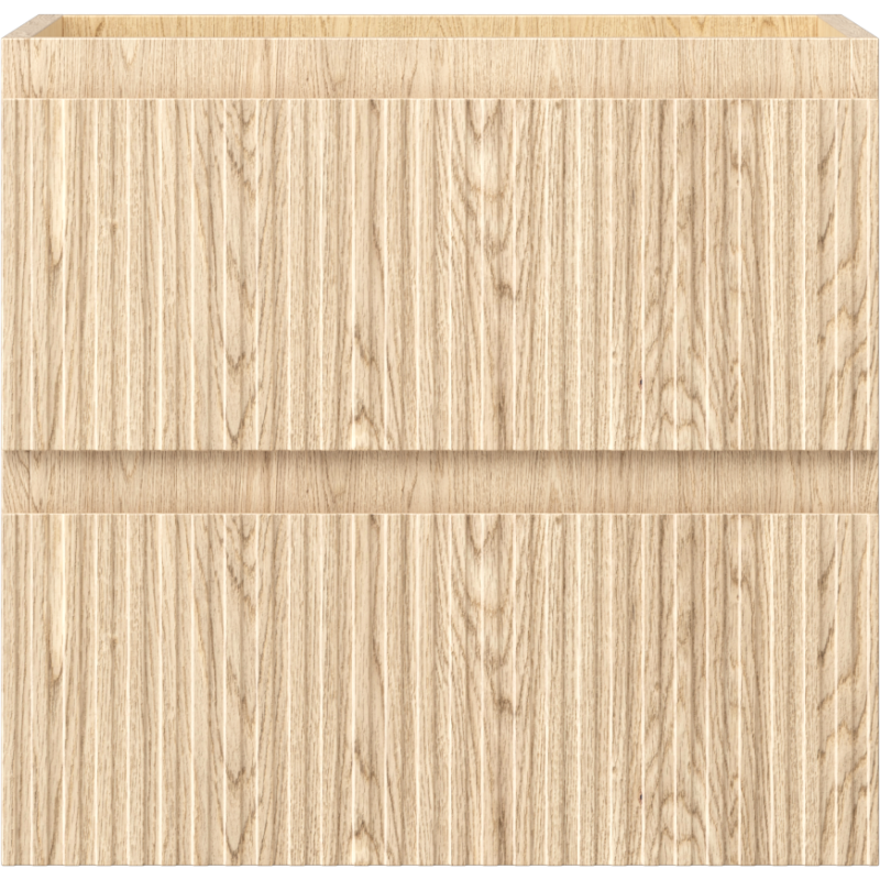 Underskap til servant i lyst eik med riflet front og to skuffer, sett rett forfra.