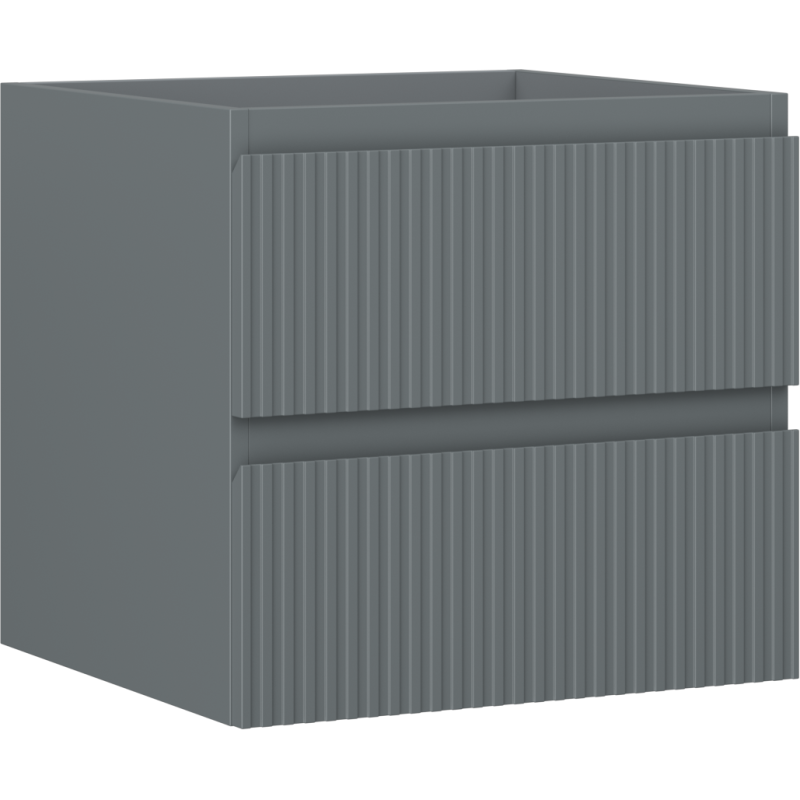 Servantskap 50 cm grafitt matt med to skuffer og vertikale riller, sett fra skrå vinkel.