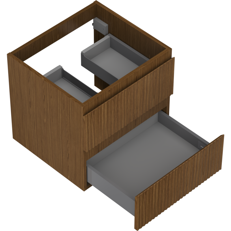 Servantskap til bad i valnøtt med to grå skuffer, riflet front, sett skrått ovenfra.