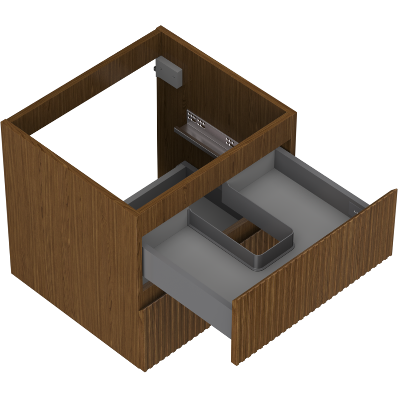 Servantskap uten vask i valnøtt med riflet front og grå skuff med U-formet romdeler.