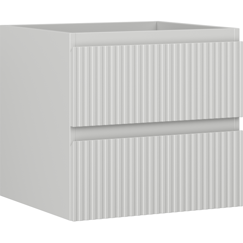 Servantskap 50 cm grå matt med to skuffer og riflet front, sett fra skrå forside.