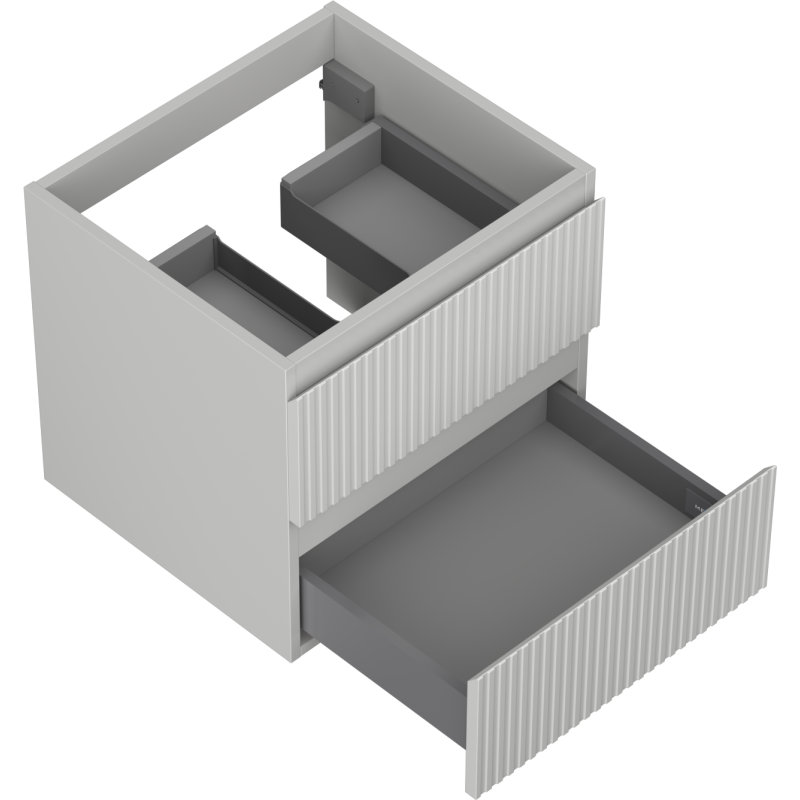 Servantskap til bad i lysegrå matt finish med to riflete skuffer sett fra fugleperspektiv.