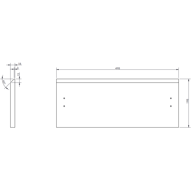 Servantskap teknisk tegning med mål for Mexen Rivel 50 cm, hvit matt, sett forfra og fra siden.