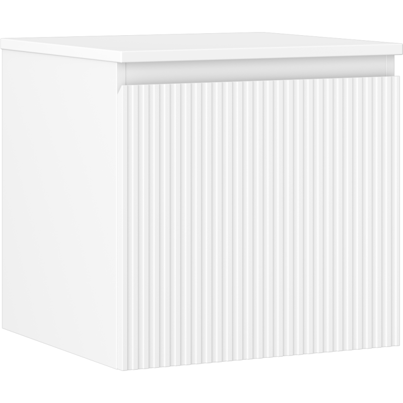 Servantskap 50 cm hvit matt med riflet front, vist fra skrå vinkel mot venstre side.