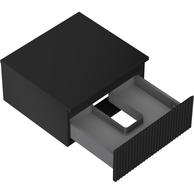 Servantskap uten vask 50 cm svart matt med riflet front og åpen skuff med innvendig romdeler.