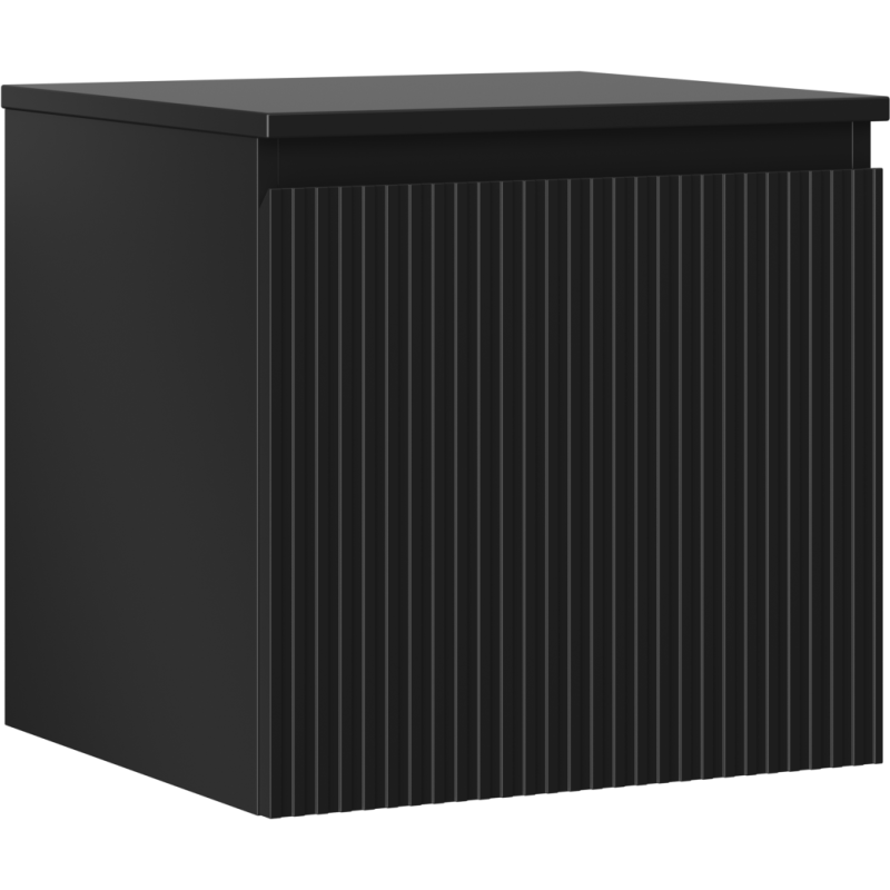 Servantskap 50 cm svart matt med vertikale riller, sett fra skrå vinkel.