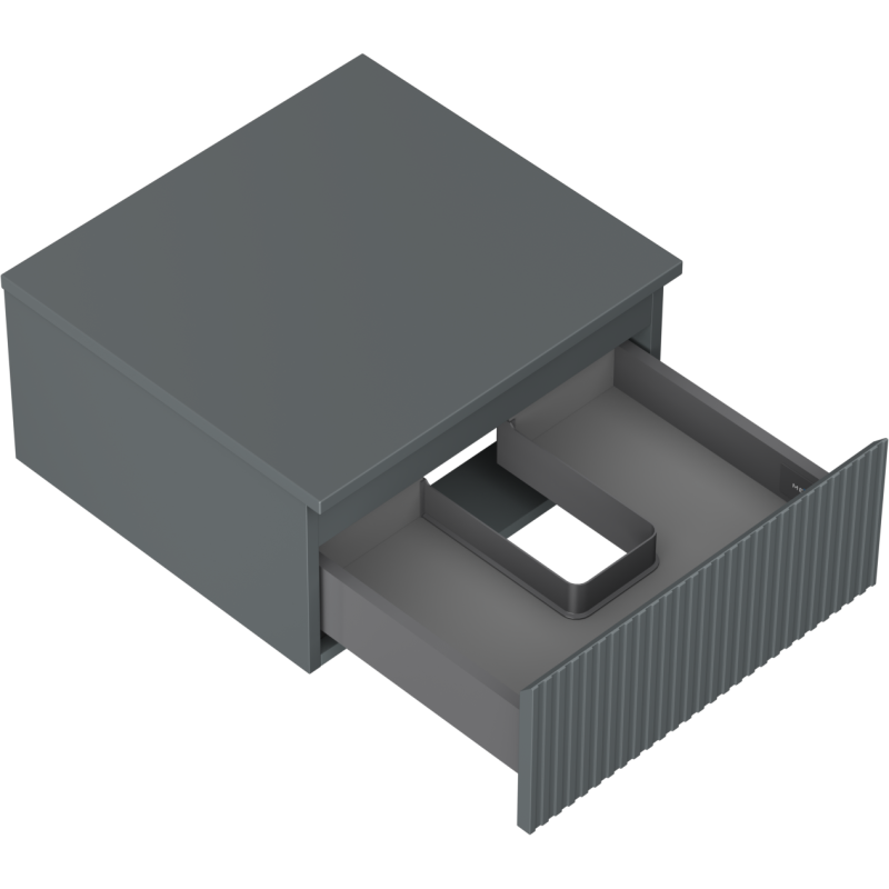 Servantskap uten vask, grafitt matt 50 cm med åpen skuff og vertikale riller, sett skrått ovenfra.