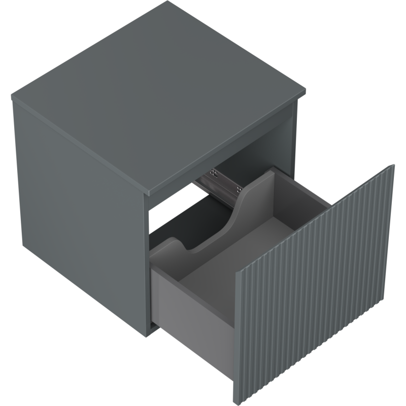 Servantskap uten vask 50 cm grafitt matt med én stor skuff og vertikale riller sett ovenfra.