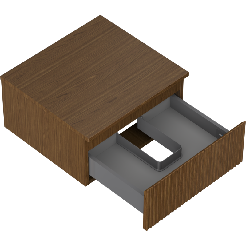 Servantskap uten vask 50 cm valnøtt med åpen grå metallskuff og riflet front, sett skrått ovenfra.