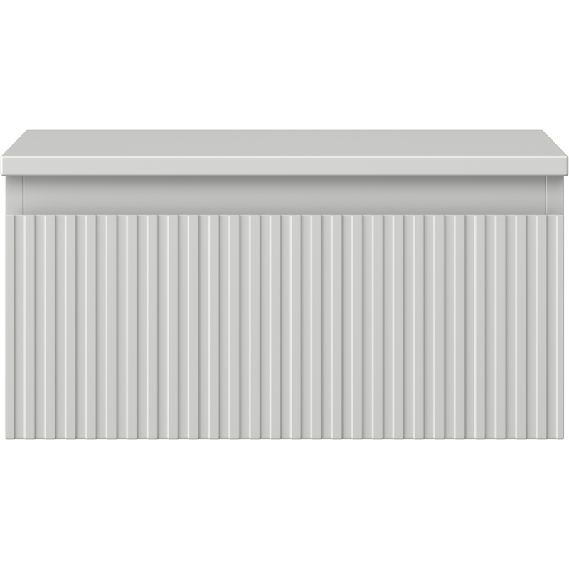 Underskap til servant i lys grå plast med vertikale riller og lokk, sett rett forfra.