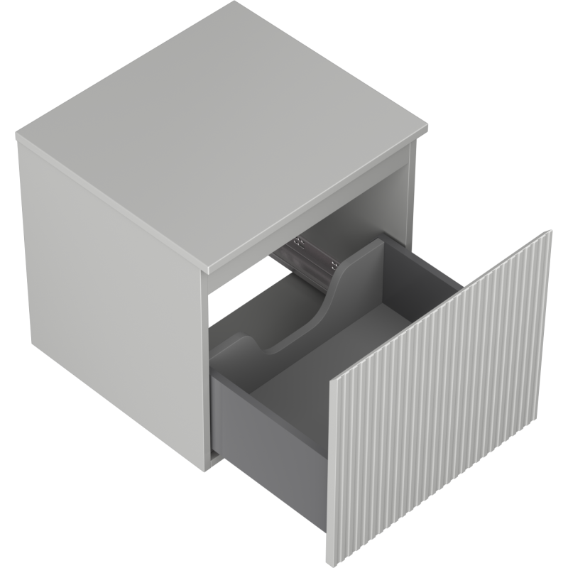 Servantskap uten vask lys grått med åpen skuff, riflede fronter og innvendig avdeler.