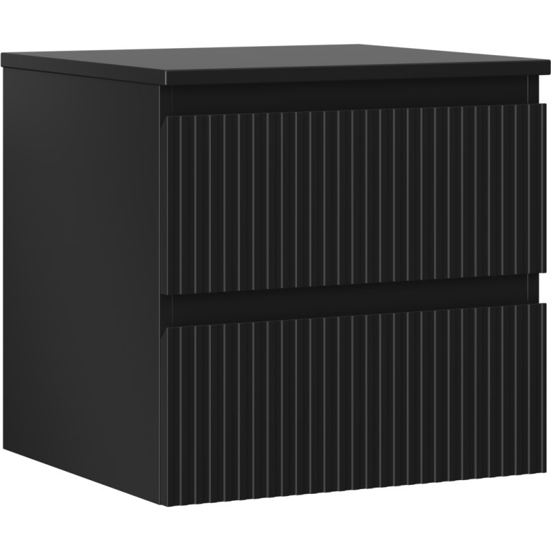 Servantskap 50 cm svart matt med to skuffer og riflet front, sett fra skrå vinkel.