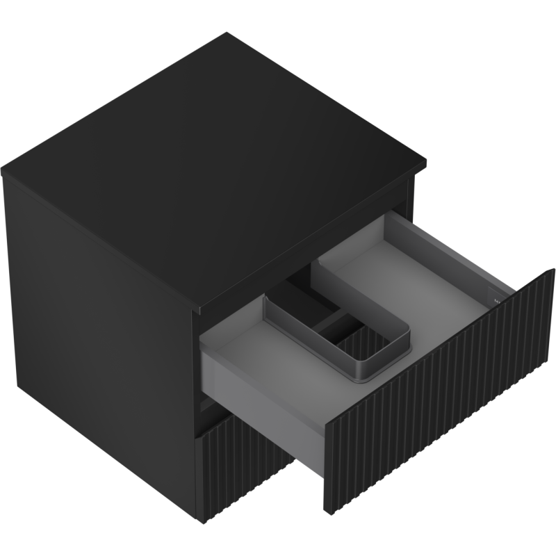 Servantskap uten vask 50 cm svart matt med to skuffer og riflet front, åpen skuff med rominndeling.