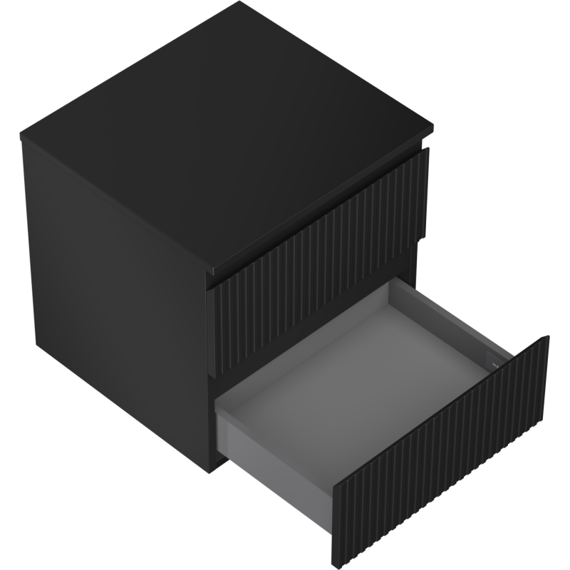 Servantskap til bad i svart matt med én åpen riflet skuff, sett skrått ovenfra.