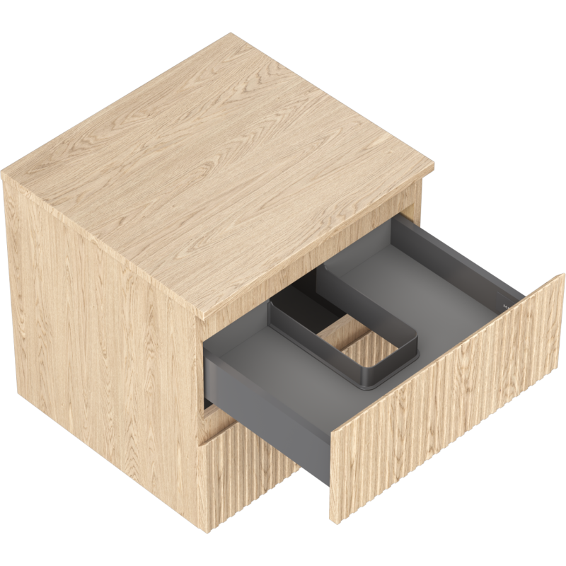 Servantskap uten vask i lys eik med riflet front, to skuffer og synlig grå innvendig romdeler.