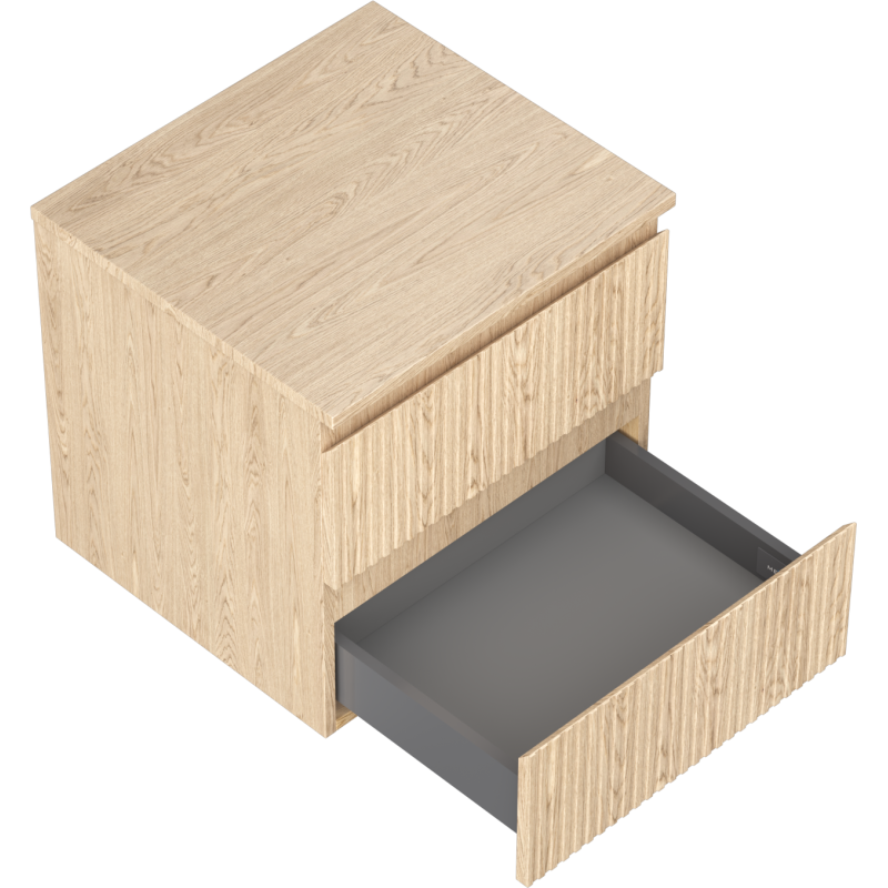 Servantskap til bad 50 cm i eik med riflet front, skrå vinkel, stor grå innerskuff trukket ut.