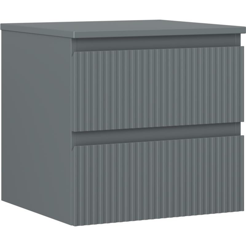 Servantskap 50 cm grafitt matt med to skuffer og riflede fronter, sett fra skrå vinkel.