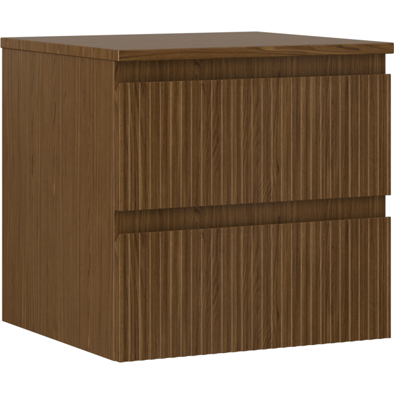 Servantskap 50 cm i valnøtt med to skuffer og riflet front, sett fra skrå vinkel.