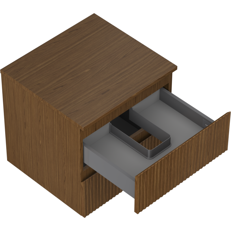 Servantskap uten vask i valnøtt med riflet front, åpen skuff med grå innsats og avdeler, sett ovenfra.