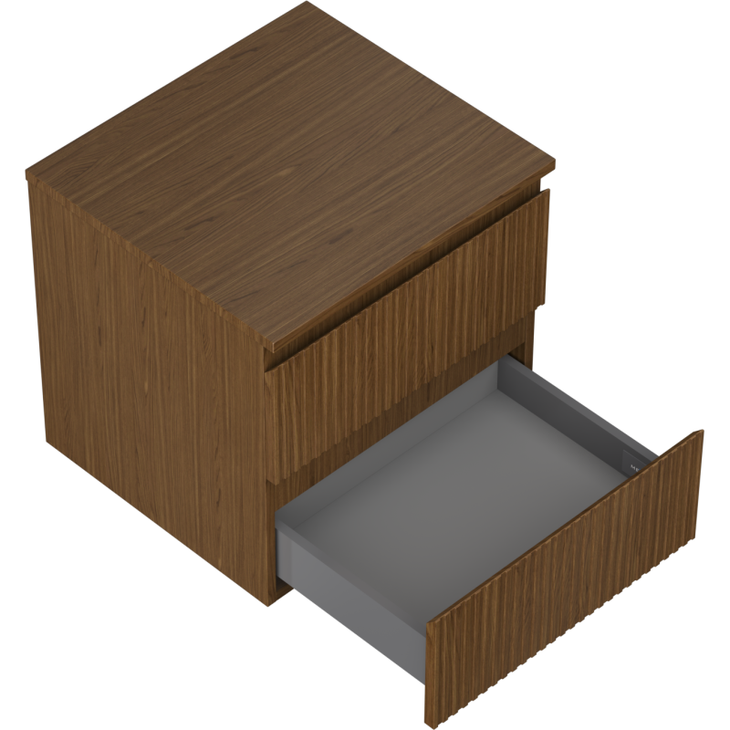 Servantskap til bad i valnøtt med to riflete skuffer, grå innerskuff trukket ut, sett fra hjørneperspektiv.