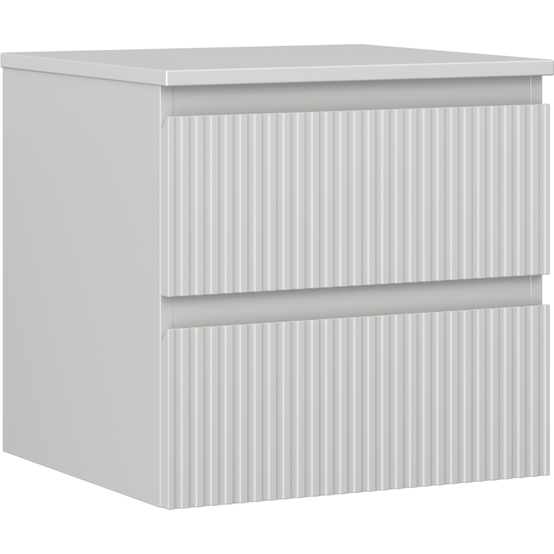 Servantskap 50 cm i grå matt med to skuffer og vertikale riller på fronten, sett skrått forfra.