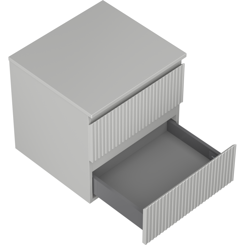 Servantskap til bad i grå matt finish med riflet front, to skuffer, én skuff delvis åpen.