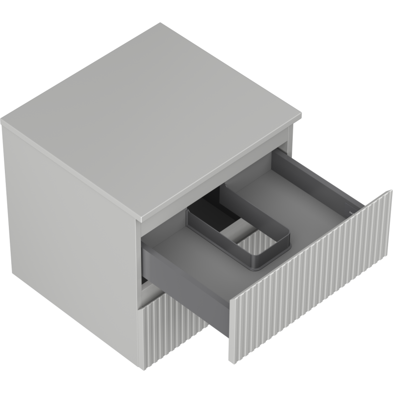 Servantskap uten vask i grå matt finish med ribbet front og stor uttrekksskuff med mørk innleggsskuff.