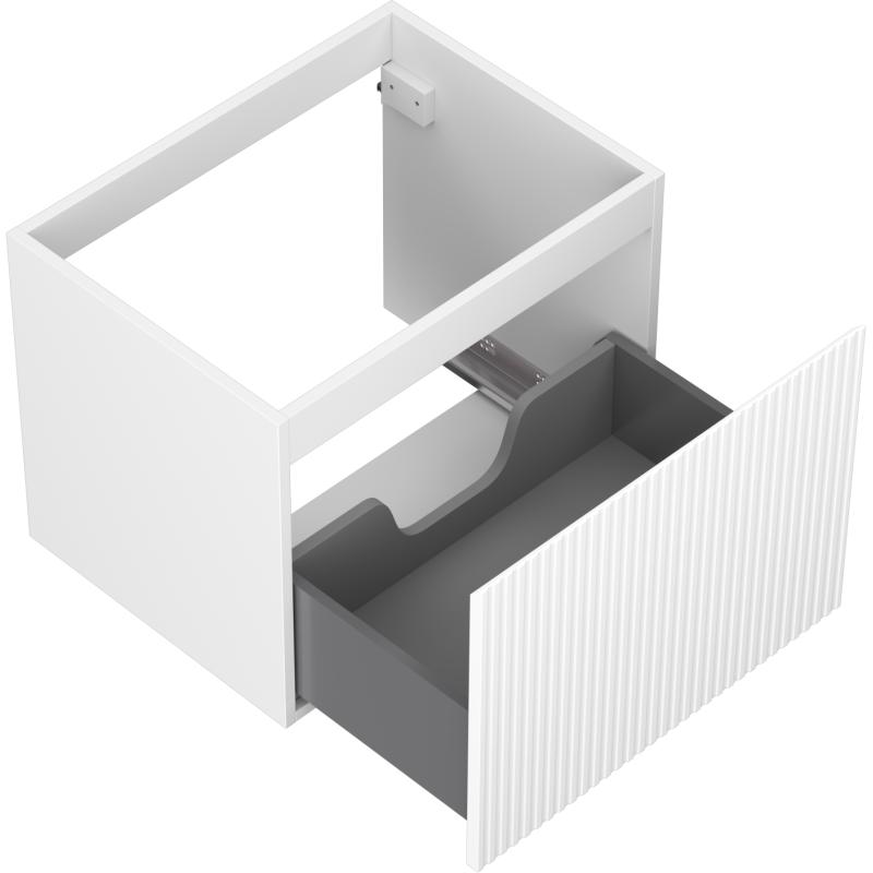 Servantskap uten vask 60 cm hvit matt med riflet front og delvis åpen skuff sett i vinkel ovenfra.