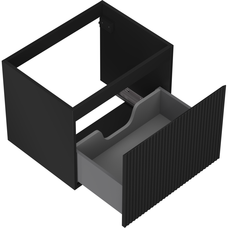 Servantskap uten vask svart matt Mexen Rivel med åpen skuff og riflet frontpanel, sett skrått ovenfra.