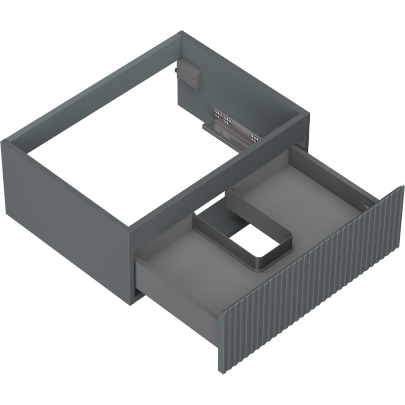 Servantskap uten vask 60 cm grafitt matt med åpen riflet skuff og synlige metallskinner.