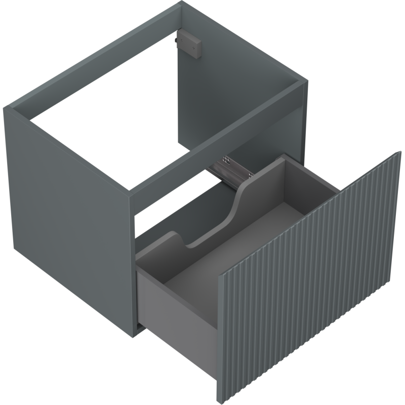 Servantskap uten vask 60 cm grafitt matt med én åpen skuff og riflet front, sett skrått ovenfra.