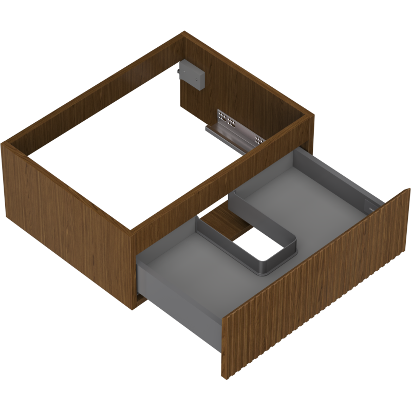 Servantskap uten vask 60 cm Mexen Rivel i valnøtt med én grå skuff og utsparing for avløp.
