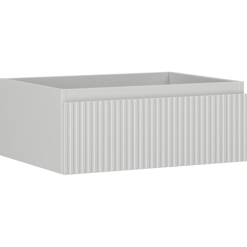 Servantskap 60 cm grå matt med én skuff og vertikale riller sett fra skrå vinkel.