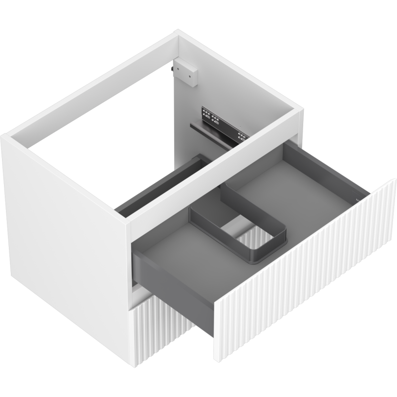 Servantskap uten vask 60 cm hvit matt med åpen grå skuff, riflet front og integrert inndeling.