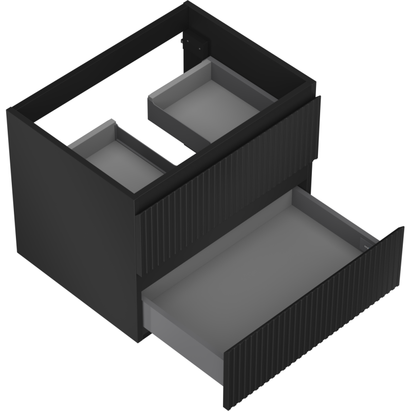 Servantskap til bad 60 cm svart matt med riflede fronter og tre skuffer, sett skrått ovenfra.