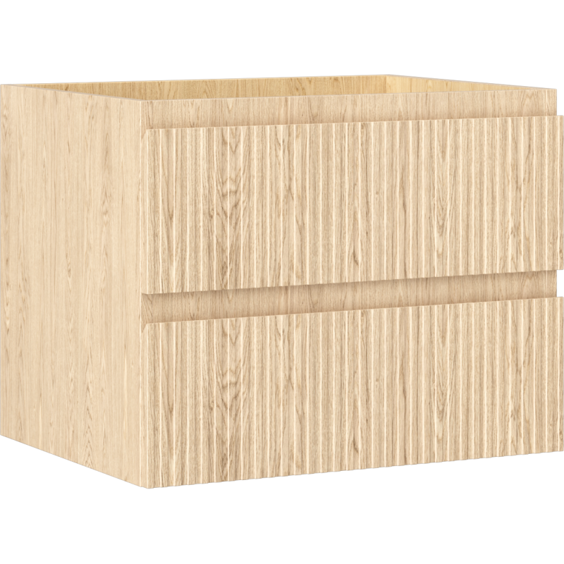 Servantskap 60 cm i lyst eiketre med riflet front og to brede skuffer, sett fra front og venstre side.