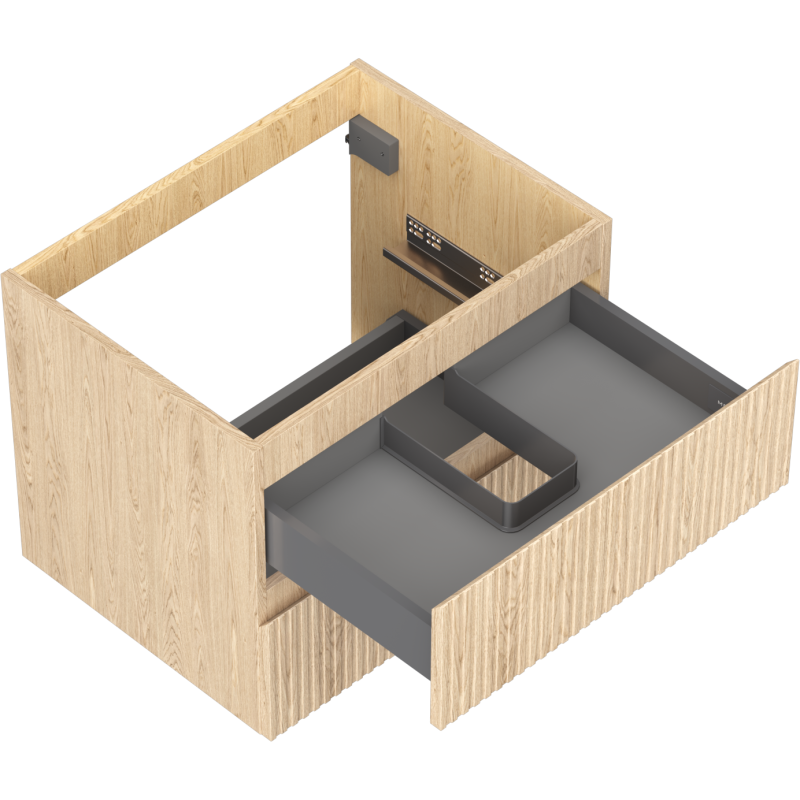 Servantskap uten vask i eik med riflet front, to skuffer og grå U-formet uttrekkskuff.