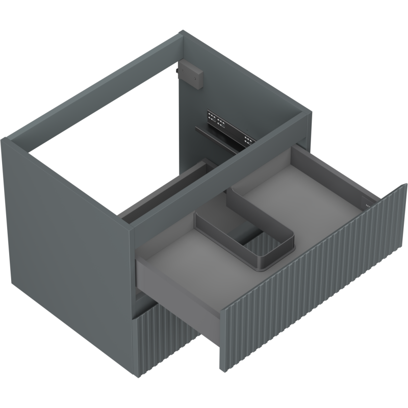 Servantskap uten vask 60 cm grafitt matt med to skuffer, sett ovenfra med åpnet oppbevaringsskuff.