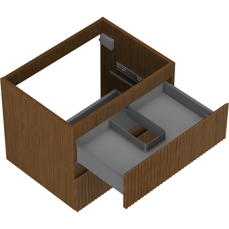 Servantskap uten vask i valnøtt med to skuffer, fugleperspektiv og åpen grå skuff med organisering.