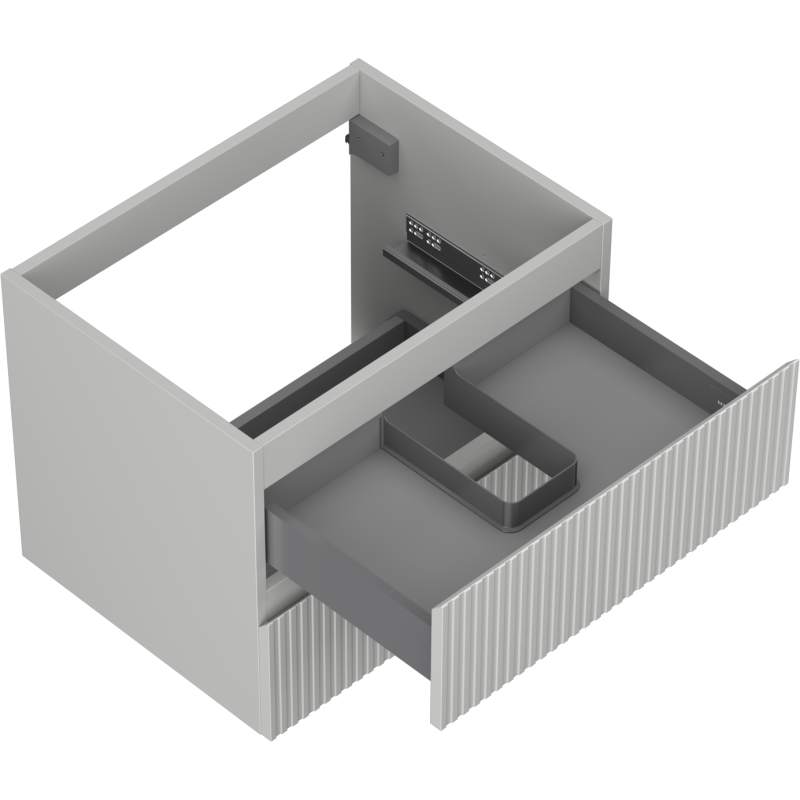 Servantskap uten vask grå Mexen Rivel 60 cm med åpen skuff og ribbet frontpanel sett ovenfra.