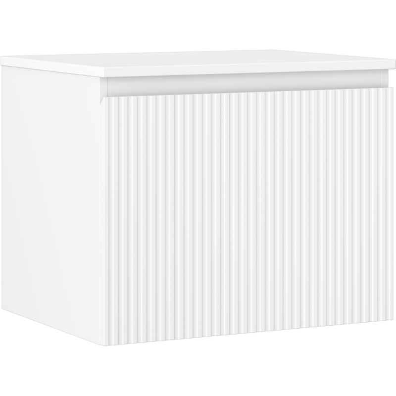 Servantskap 60 cm hvit matt med én skuff og riflet front, sett skrått forfra.