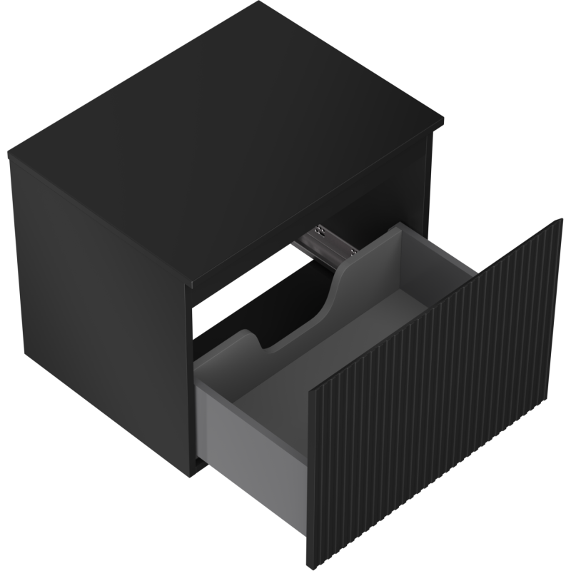 Servantskap uten vask 60 cm svart matt med én skuff og riflet front, skuff trukket ut, sett ovenfra.