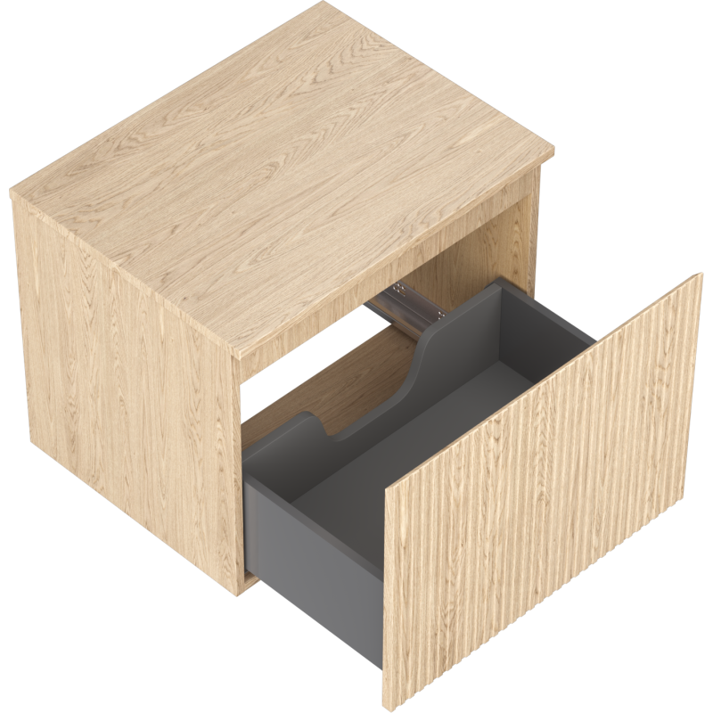 Servantskap uten vask i lys eik med riflet front og én stor grå skuff trukket ut.