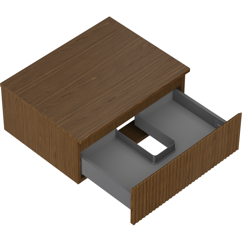 Servantskap uten vask 60 cm Mexen Rivel i valnøtt med åpen skuff og riflet front, sett ovenfra.