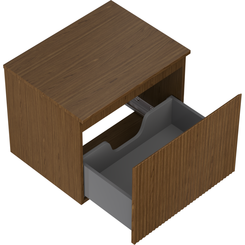 Servantskap uten vask 60 cm valnøtt med riflet front og grå skuff trukket ut, sett skrått ovenfra.