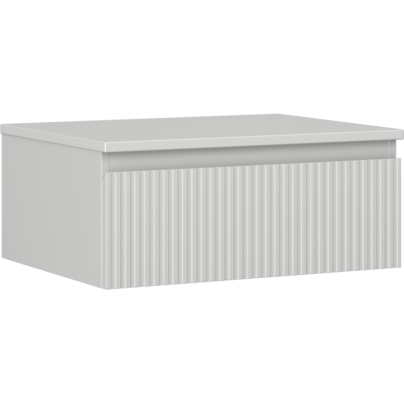 Servantskap 60 cm grå matt med én skuff og riflet front, sett fra skrå vinkel.