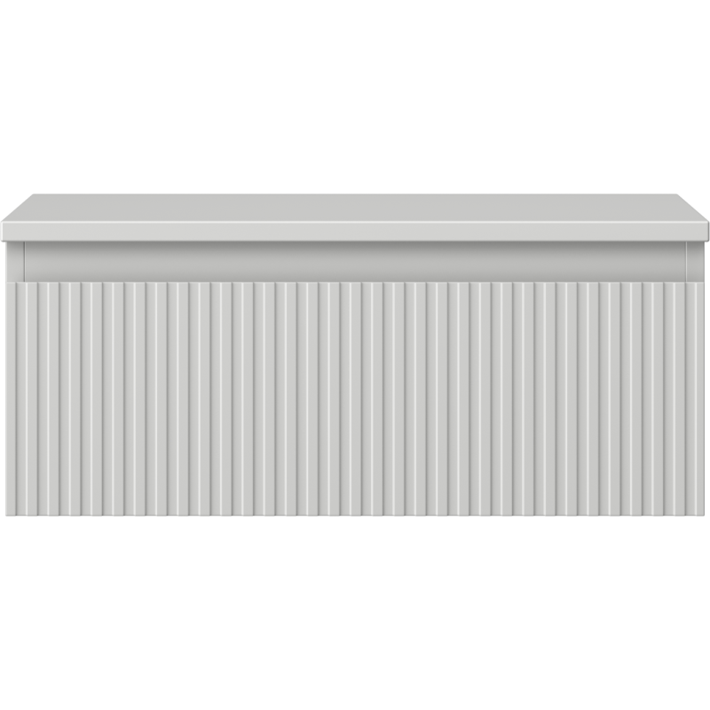 Underskap til servant i lys grå matt plast med riflet front og glatt lokk, sett rett forfra.