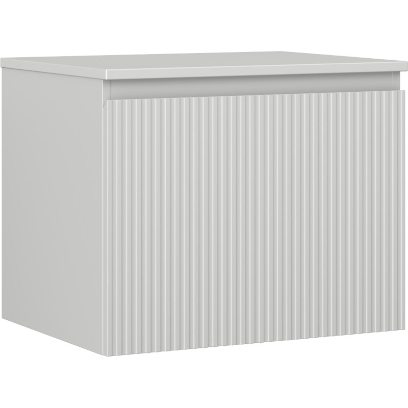 Servantskap 60 cm grå matt med én skuff og riflet front sett skrått forfra.