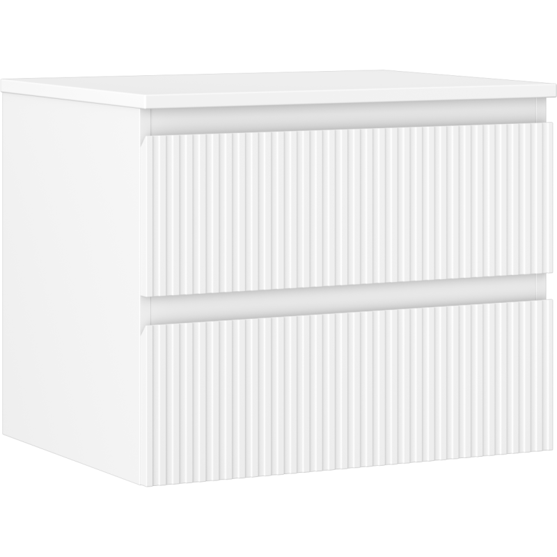 Servantskap 60 cm hvit matt med to skuffer og vertikale riller, sett fra skrå vinkel.