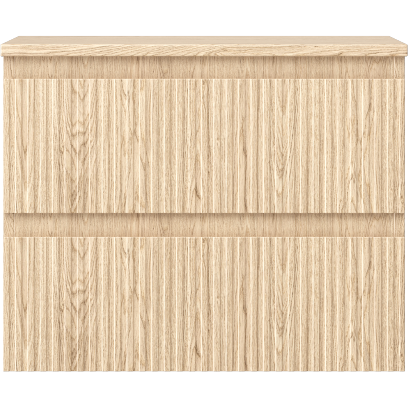 Underskap til servant i lys eik med to skuffer og riflet front, sett rett forfra.